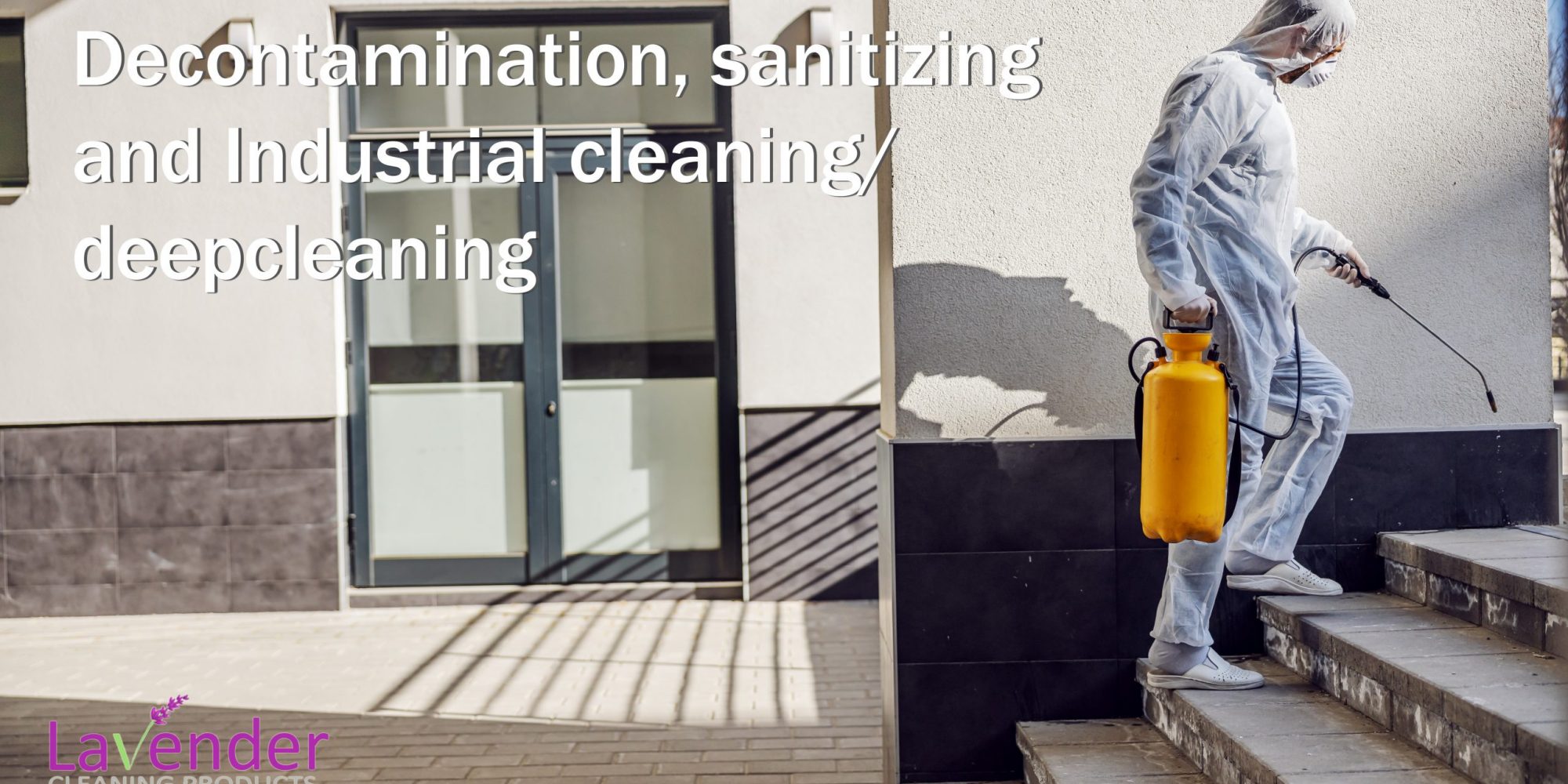 Cleaning and Disinfection outside around buildings, the coronavirus epidemic. Professional teams for disinfection efforts. Infection prevention and control of epidemic. Protective suit and mask.