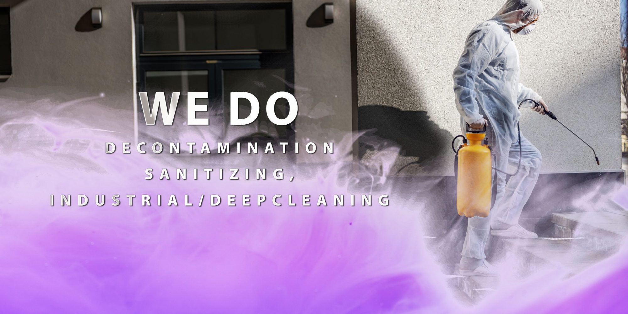 Cleaning and Disinfection outside around buildings, the coronavirus epidemic. Professional teams for disinfection efforts. Infection prevention and control of epidemic. Protective suit and mask.